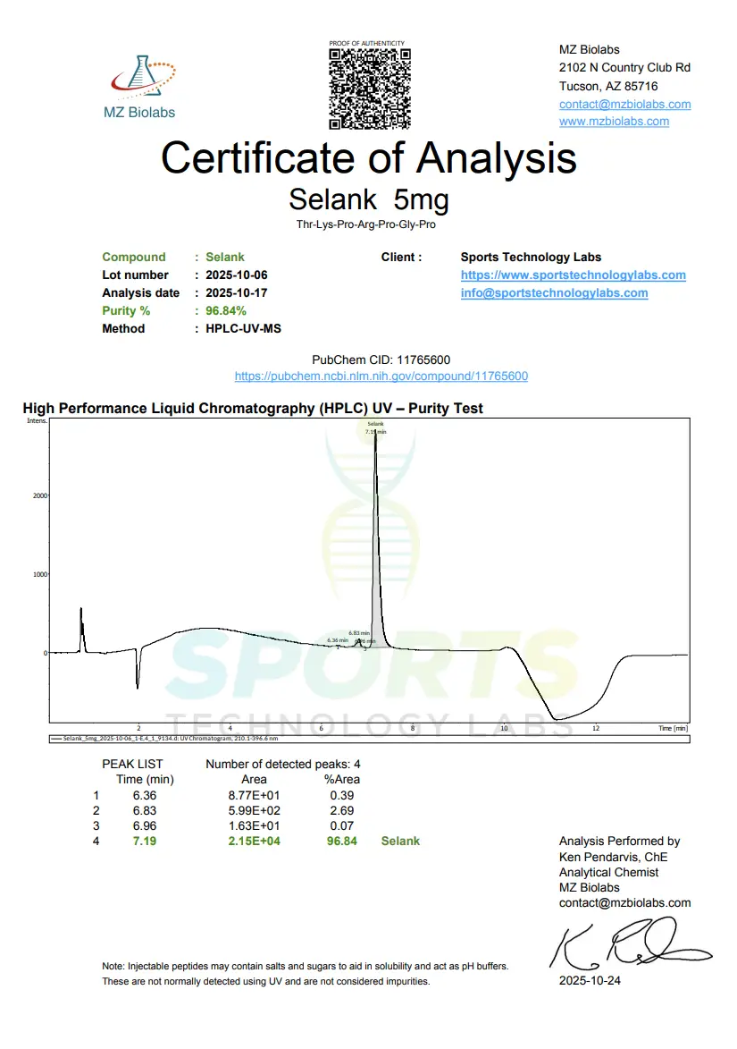 Selank 5mg 2 Selank 5mg certificate of analysis, Sports Technology Labs
